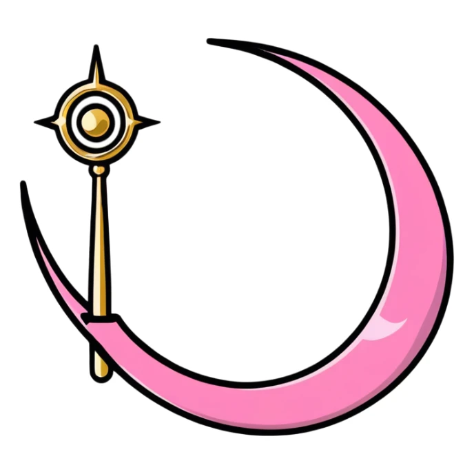 Sailor Moon's Crescent Moon Stick, a pink wand with a gold crescent moon on top and a circular silver gem in the center sticker
