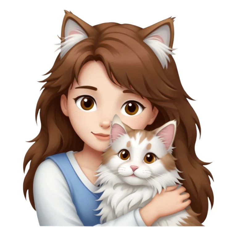 brown hair girl brown eyes hugging a white Maine Coon sticker