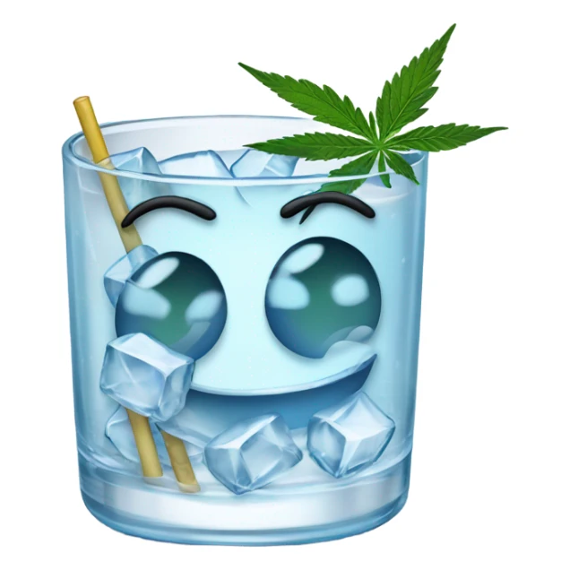 A smiling rocks glass filled with ice, cannabis garnish, straw and ice cubes sticker