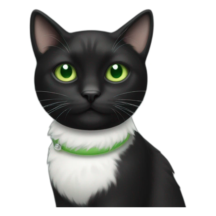 A black cat with green eyes with a white mustache, a white stripe on its nose, a full-length white breast and white paws sticker