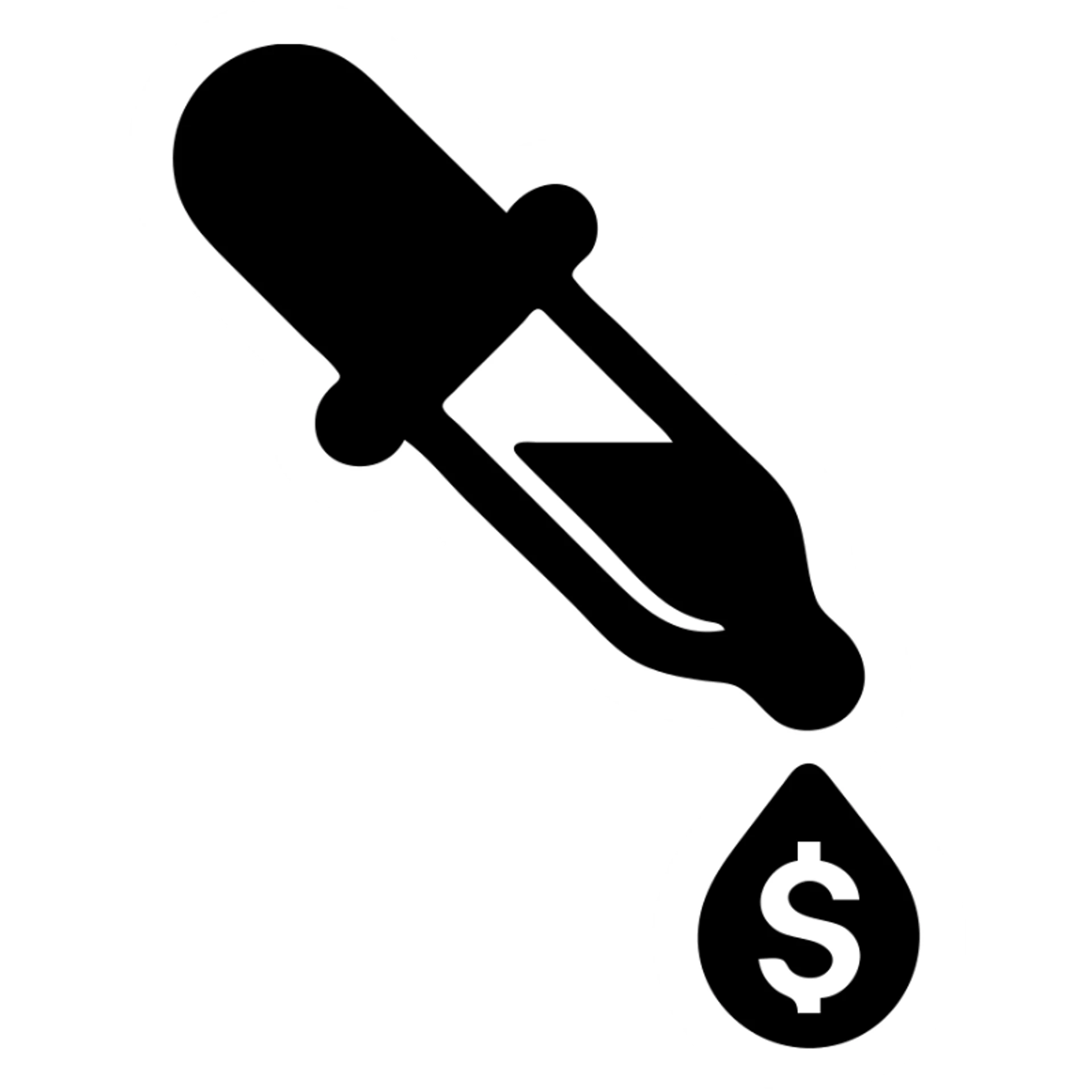 solid icon of a pipette with a golden drop, dollar sign inside the drop sticker