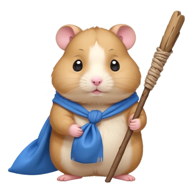 Cute fat cartoon-style hamster carrying a stick with a tied blue cloth bundle (bindle) over its shoulder with a melancholy expression. sticker