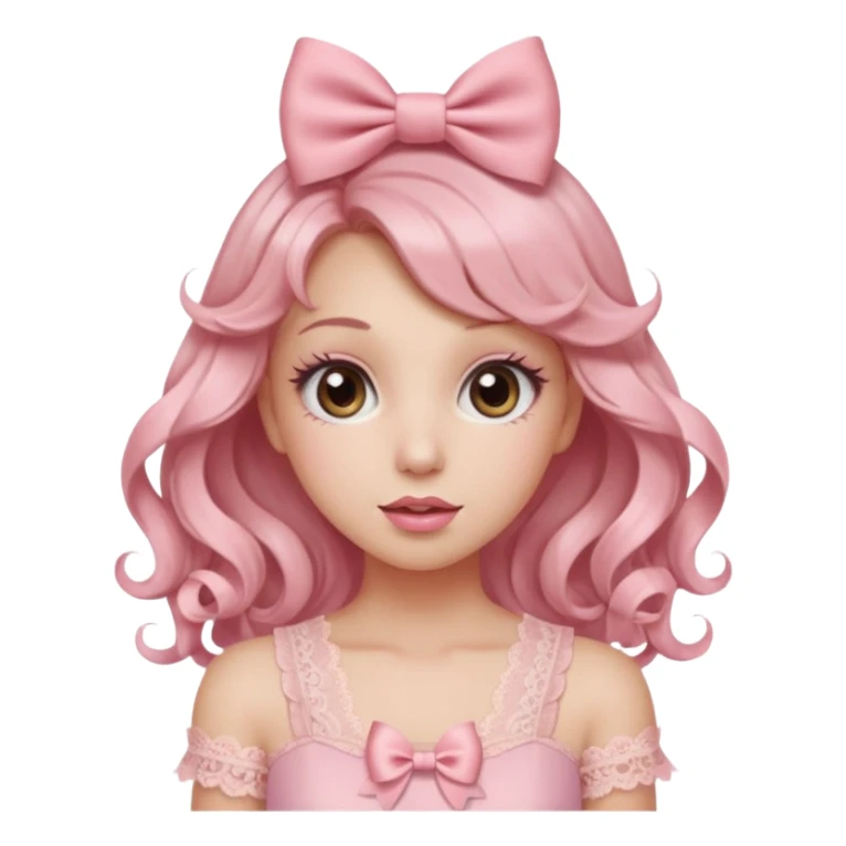 “Emoji girl, doe eyes, long fluttery lashes, soft pink blush, glossy rose lips, ribbon hair bow, romantic curls, wearing pastel pink lace top.” sticker