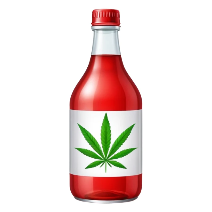 Red curved soda bottle with a cannabis leaf sticker