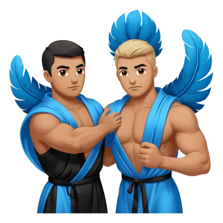 Two muscular men silk blue black robe pillow fight feathers sticker