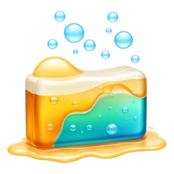 Soap making icon, soap bar with bubbles, melting ingredients like oils and lye, vibrant colors, minimalistic style, clean lines, transparent background. sticker