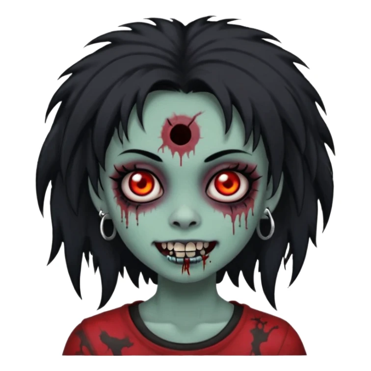girl, zombie, black coily hair, medium long, emo, shaggy, dark, spooky,double eyebrow dermal piercing, cute illuminous smile sticker