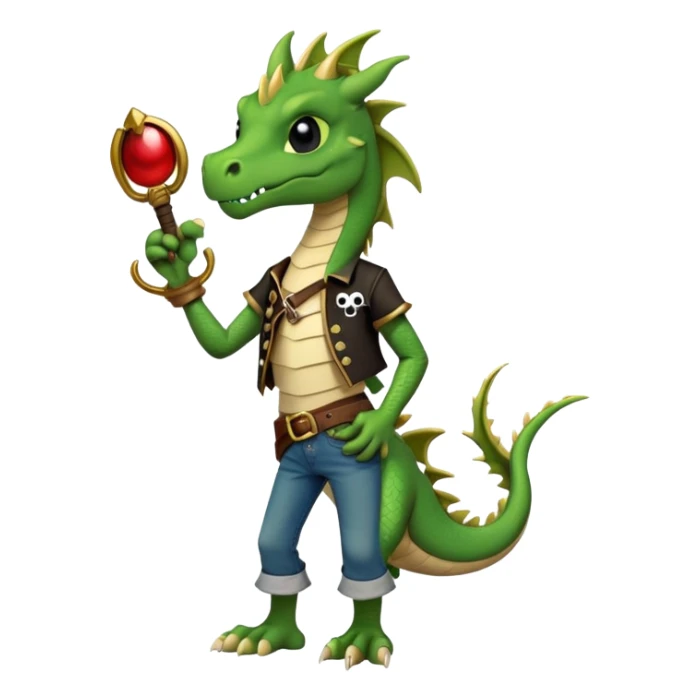 friendly anthropomorphised dragon in a band t-shirt and jeans with a pirate eye-patch walking upright, relaxed pose sticker