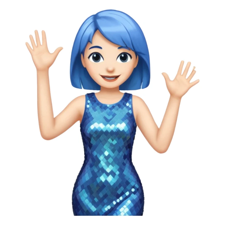 Woman with medium length blue hair doing jazz hands sticker