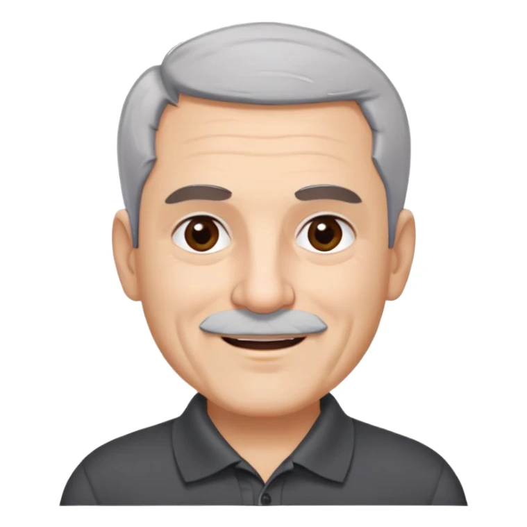 Puerto Rican older man with round face, wide jaw, light skin. Expressive dark brown eyes, thick eyebrows. Short gray hair with receding hairline. Light gray stubble beard. Friendly smile. Wearing a black polo shirt. sticker