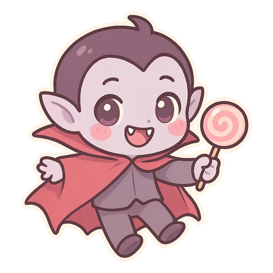 chibi vampire, pastel palette, tiny fangs, cute cape, big eyes, playful expression, floating, holding a lollipop sticker