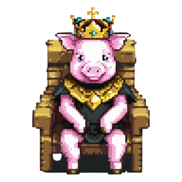 Minecraft style pig with a golden crown sitting on a throne, inspired by Technoblade sticker