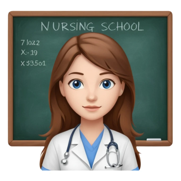 university classroom that says nursing school on the blackboard with a pretty female nursing student with long brown hair, blue eyes sticker