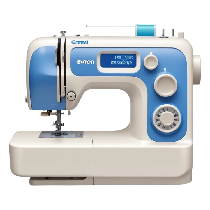 Modern Brother-style computerized sewing machine emoji, white and light gray with a blue thread spool, small LCD screen and round dial, three-quarter view, soft gradients and shadows in Apple emoji style, plain light background. sticker