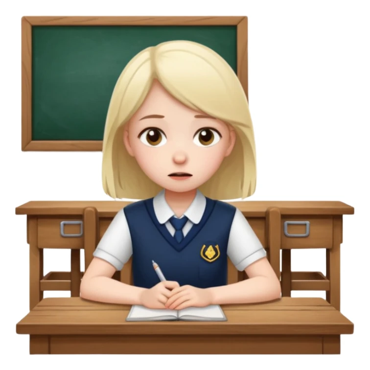an anxious girl in school uniform sitting in front of a table  sticker