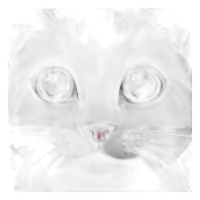 a cat with a pink nose, a little gray age, blue eyes and a white lower face sticker