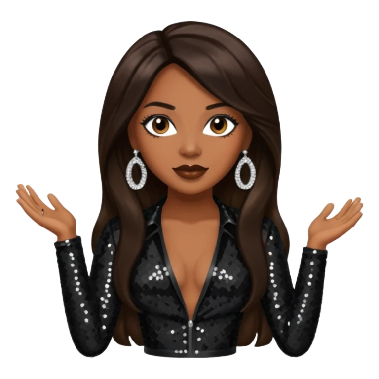 Monica Arnold, R&B Singer with long dark brown hair, black sequin outfit sticker