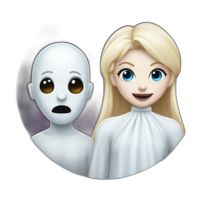 a blondie girl dressed as a ghost and a bald guy dressed as a ghost going to a party sticker