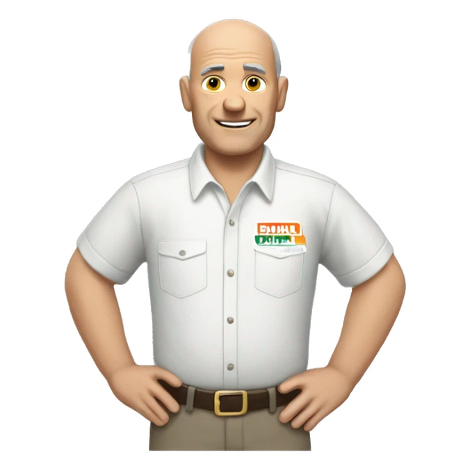 older man that is balding with u-haul shirt sticker