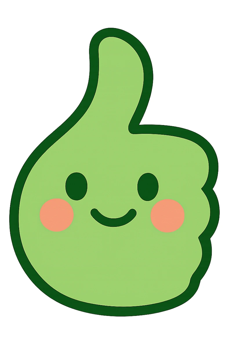 a cute green thumbs up emoji, hand with a smiling face, blushing cheeks, friendly sticker