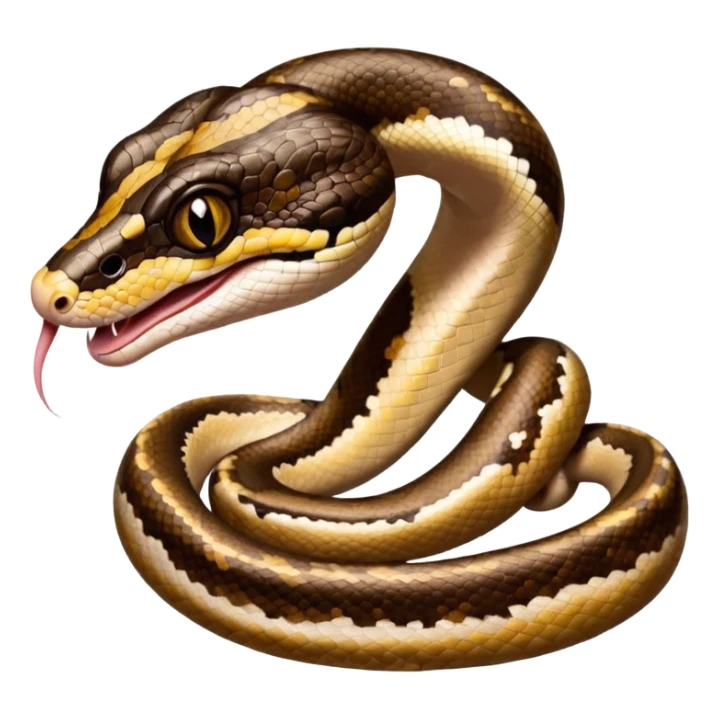 A close-up 3/4 view of the Ball Python with the front half raised slightly in an S-shape and its tongue flicking out. The head is angled curiously toward the viewer, showing both personality and motion. sticker
