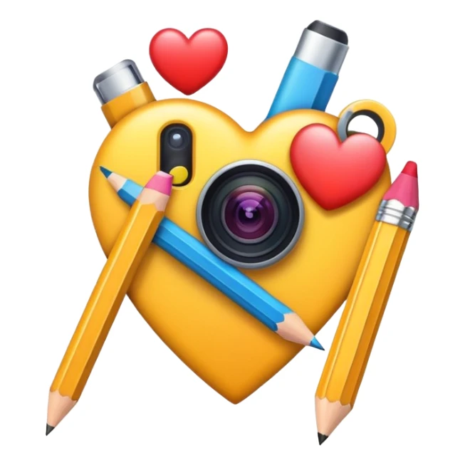 social media tools combining camera, pencil, and heart symbol, vibrant and appealing emoji style icon sticker