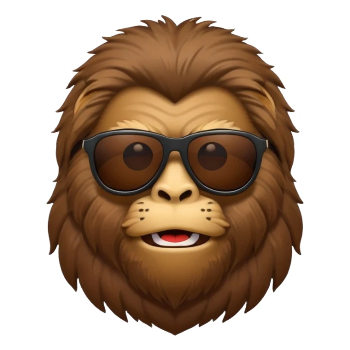 Bigfoot with sunglasses, classic apple emoji style, simple shapes, bold lines, minimal details, expressive face sticker