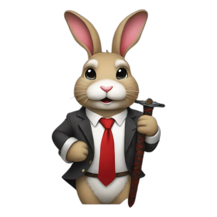 Bunny with sword in back with rugged smiley face with red tie in his neck sticker