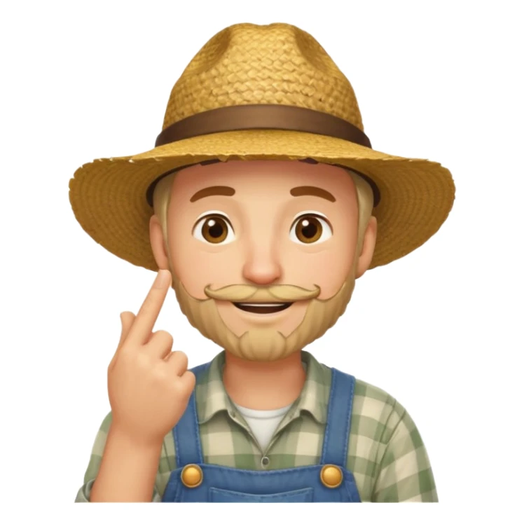 “A single emoji-style character combining 👨‍🌾😄 and 🤔: a smiling farmer man with a straw hat, friendly face, and light beard, holding one hand under his chin in a thinking gesture. His index finger rests under his face, eyes looking slightly upward as if thinking.  sticker