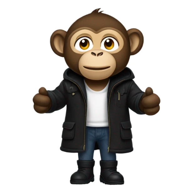 Monkey wearing black wool coat black ugg boots and a black backpack sticker