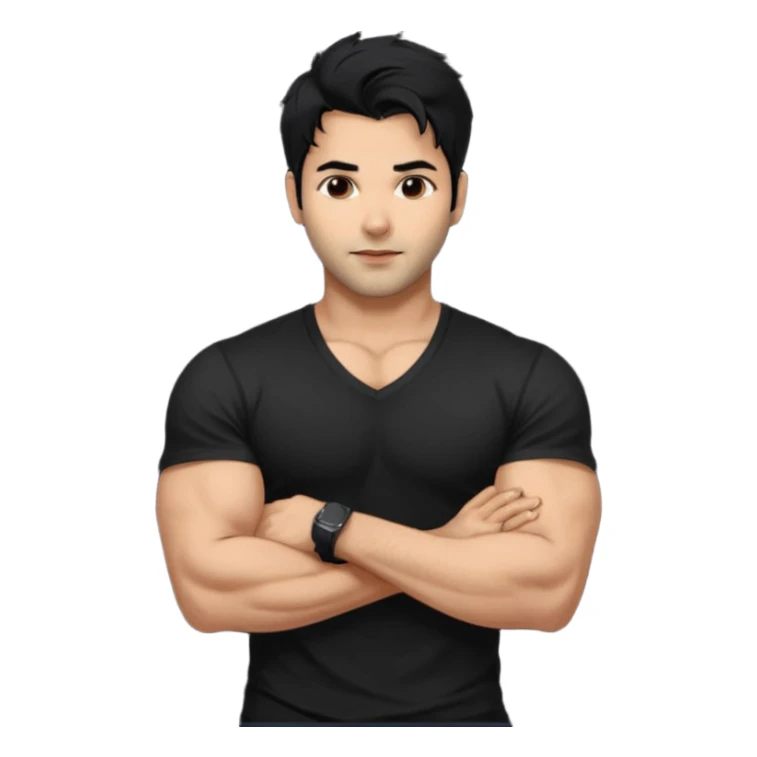 generate a pretty bratz Varun Dhawan with 
Make him wear a black v neck tshirt. muscular but still lean
He shoudl look exactly like VArun DHawan.  messy black hair sticker
