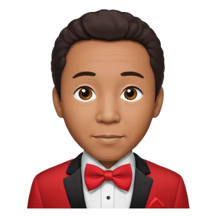 Smokey Robinson with dark brown hair, red suit with bow tie sticker