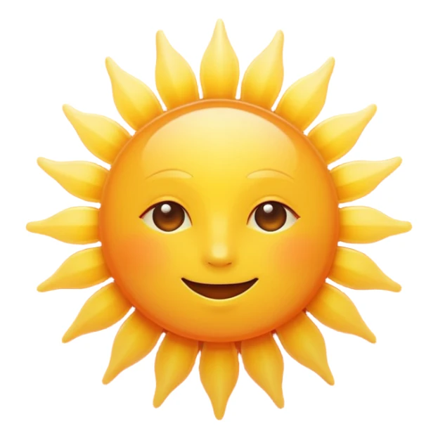 Create a bright, modern sun emoji. Minimalistic flat design, round yellow sun with soft orange gradient, smooth rounded rays around it, friendly and clean look, vector style, high resolution, centered on white background. sticker