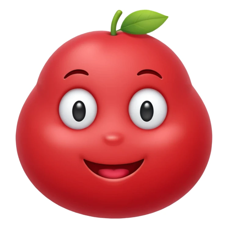 Cute round emoji mascot, shaped like a soft blob or jellybean, with two expressive eyes and a happy or clever smile. Entire body is colored in a warm cherry red (#e84a5f style), with no outline. Minimal facial features. Simple, friendly, and modern emoji-style character. Clean white background. sticker