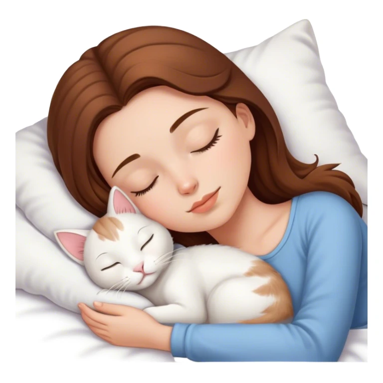 White girl brown hair sleeping with white kitty sticker