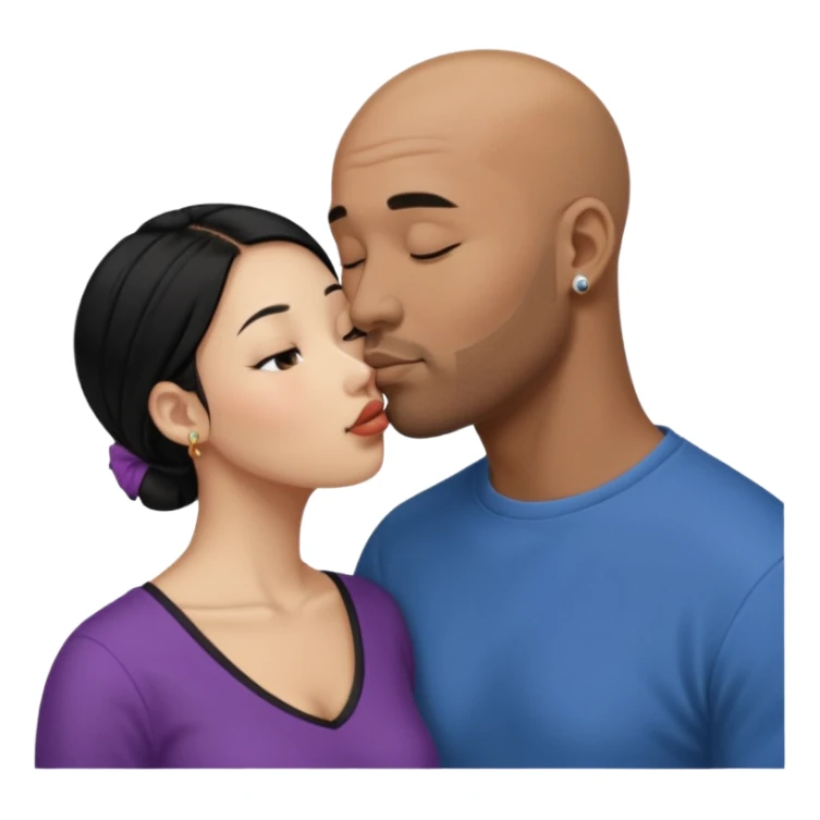 Bald black with small beard deeply kissing a short younger looking asain women with long black hair and nose ring sticker