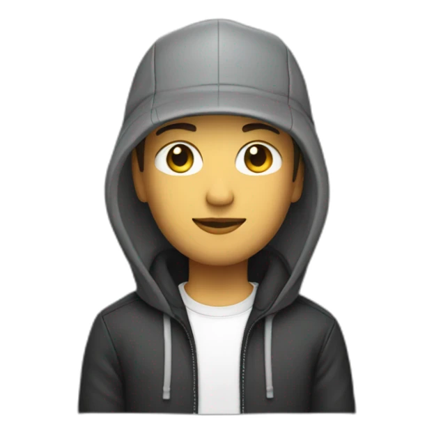 caucasian product designer with a hood and snapback hat sticker