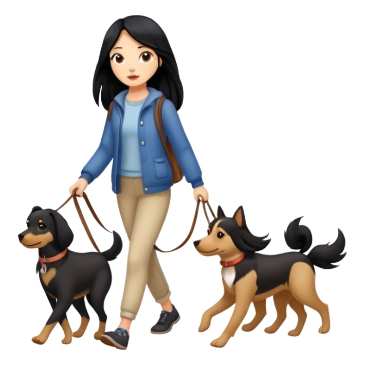 A girl with long black hair walking with three dogs sticker