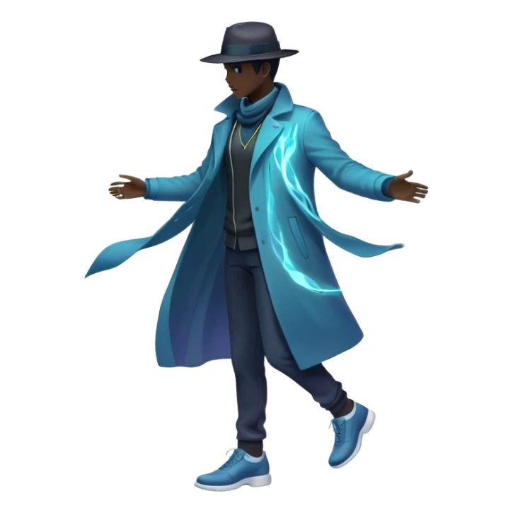 Male silhouette with flowing energy aura around it and small style elements like hat, jacket and shoes orbiting around, ethereal masculine style inspiration sticker