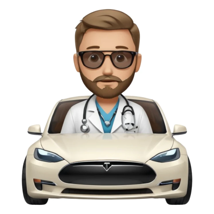 White tesla model 3 and one cool physician with dark blond hair, beard, stetoscope and dark sunglasses next to it sticker