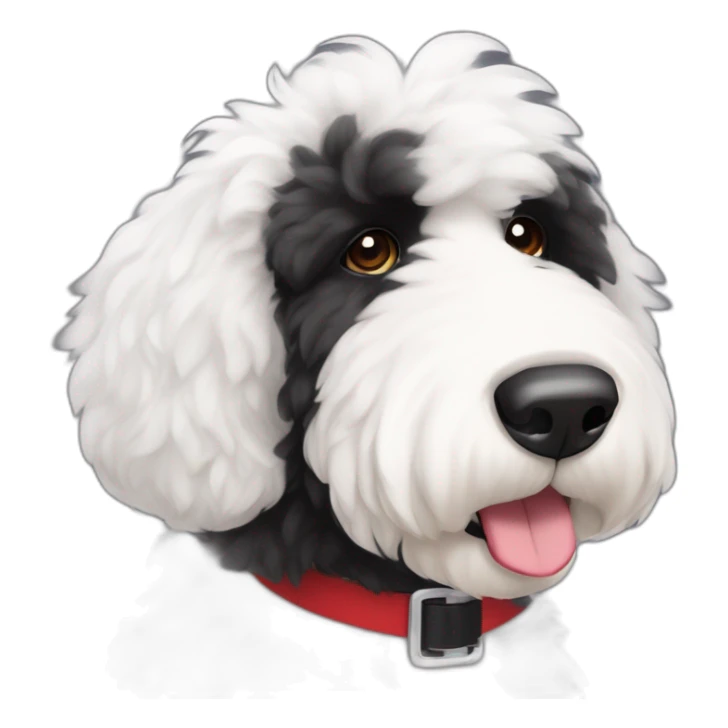 handsome sheepadoodle, white center of chest, black shoulders, red collar, white on thin center of face and mustache, black fur on eyes and outside of face,nice mustache, great posture sticker