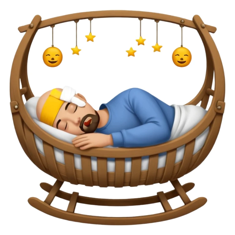 a bald, tan man who has a black goatee sleeping in a cradle sticker