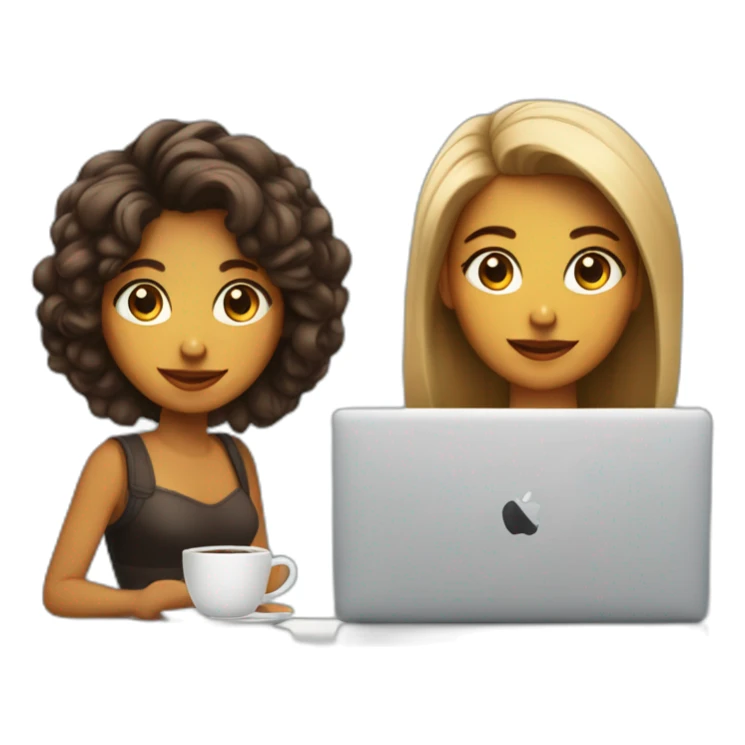Mujer y joven con cabello melena con MacBook y un cafe sticker