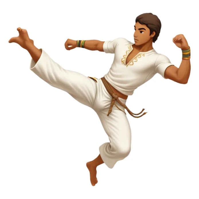 A capoeira fighter in mid-air performing a spinning kick, wearing traditional white capoeira pants and a cord, vibrant and flowing pose, surrounded by motion swirls sticker