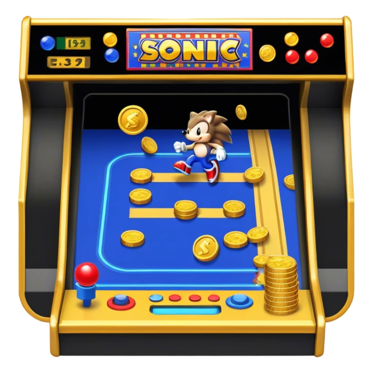 An icon showing a retro arcade screen with pixelated characters like a speedy hedgehog Sonic jumping and collecting coins. The game environment includes obstacles, power-ups, and vibrant colors, evoking the excitement and nostalgia of classic arcade games. transparent background. sticker