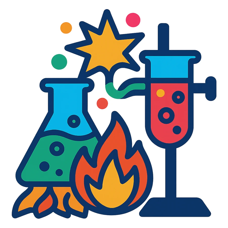 exothermic chemical reaction with beakers and flames, vibrant colors sticker