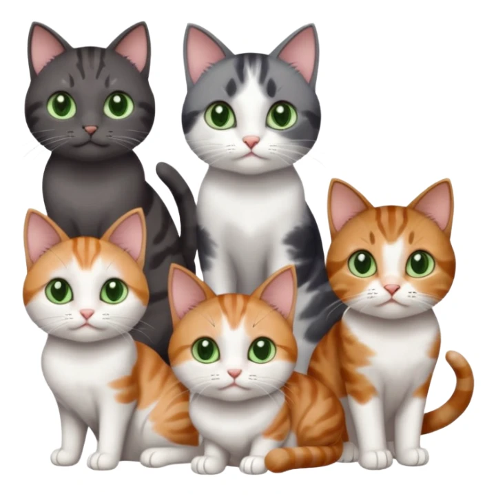 6 different coloured small cats including a dark grey and white, and a patchy calico, and a brown tabby and white,  and a completely solid dark grey with green eyes and only white paws sticker