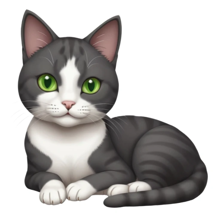 beautiful female solid dark grey cat with green eyes, white toes/paws and white patch on her chest lying down sticker