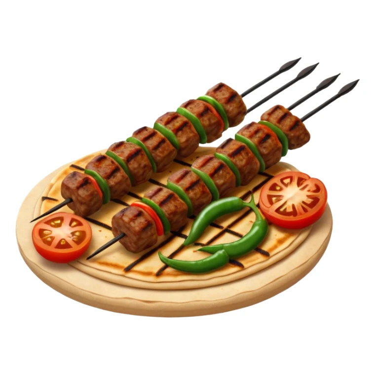 Adana kebab object icon, spicy grilled minced meat skewer, served on flatbread, grilled tomatoes and green peppers on the side, smoky char marks, juicy texture, 3D cartoon, mobile game icon style, centered, clean background, no text, no watermark
 sticker