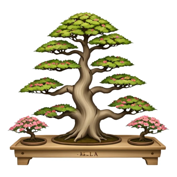 Wide Three tiered bonsai stand, shelving nine maple specimens and several smaller azaleas, frame made of oaken palette wood  sticker